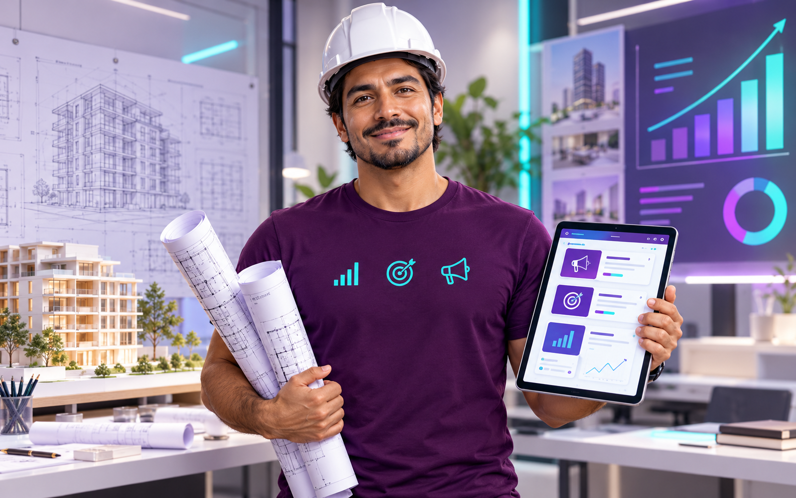 BOT Constructor MKai con casco, planos y herramientas de marketing