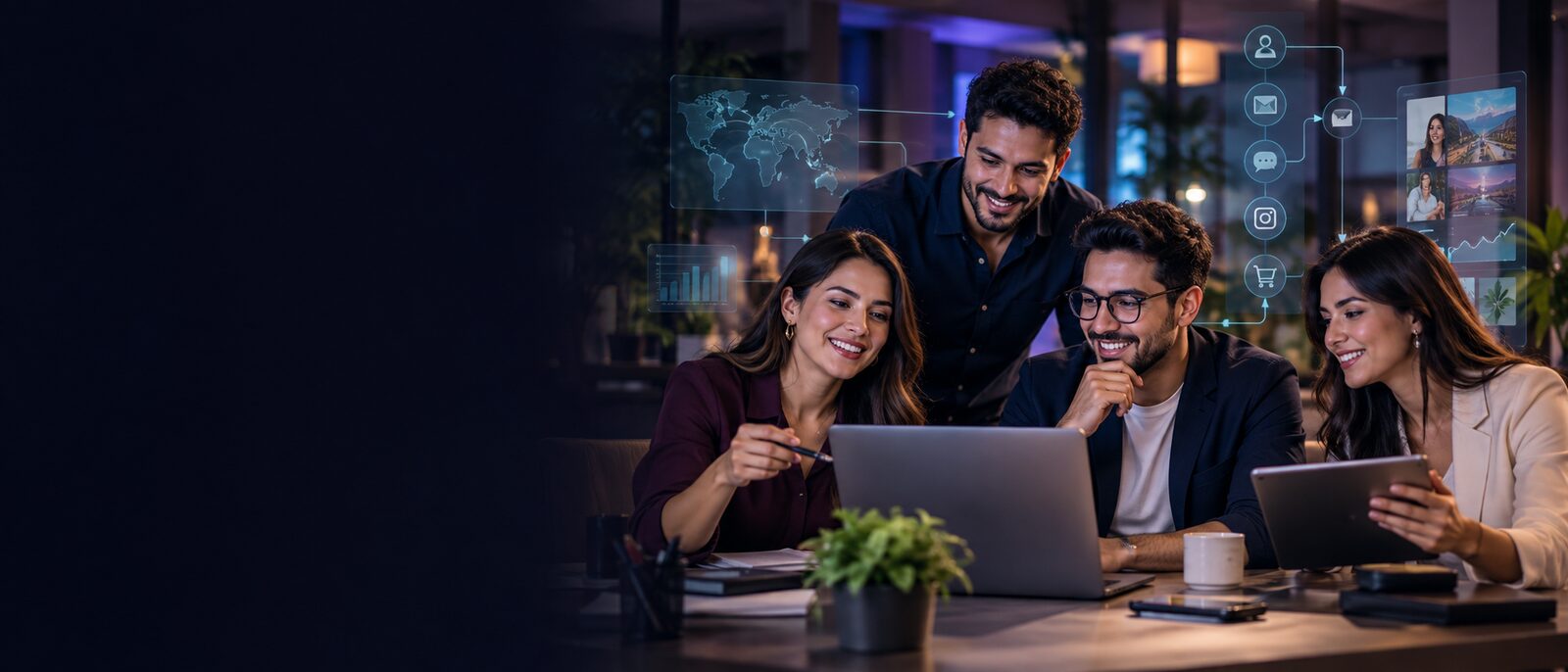 Equipo colaborando con tecnología, marketing e inteligencia artificial